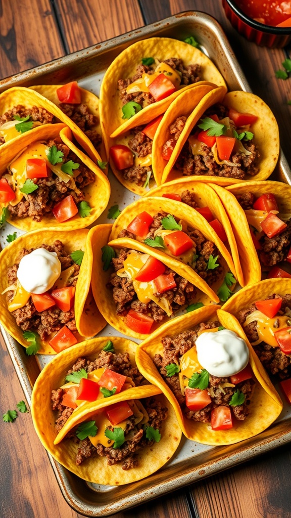 Crispy Sheet Pan Ground Beef Tacos Recipe A sheet pan of crispy baked ground beef tacos topped with cheese, tomatoes, and lettuce, ready for serving.